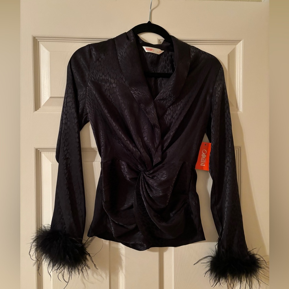 Intempo black blouse with feather detail